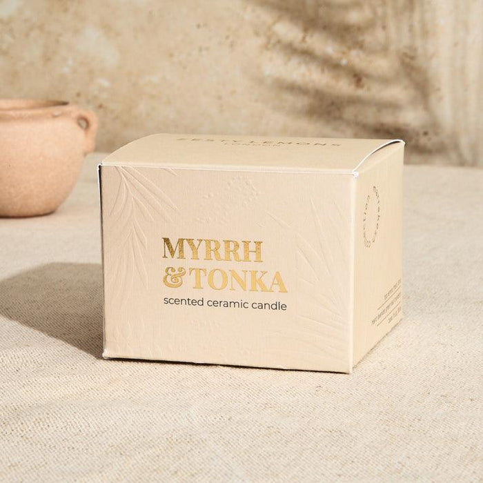 Zesty Lemons Marrakesh Sandstone Pottery Candle - Myrrh & Tonka - LemonSalt