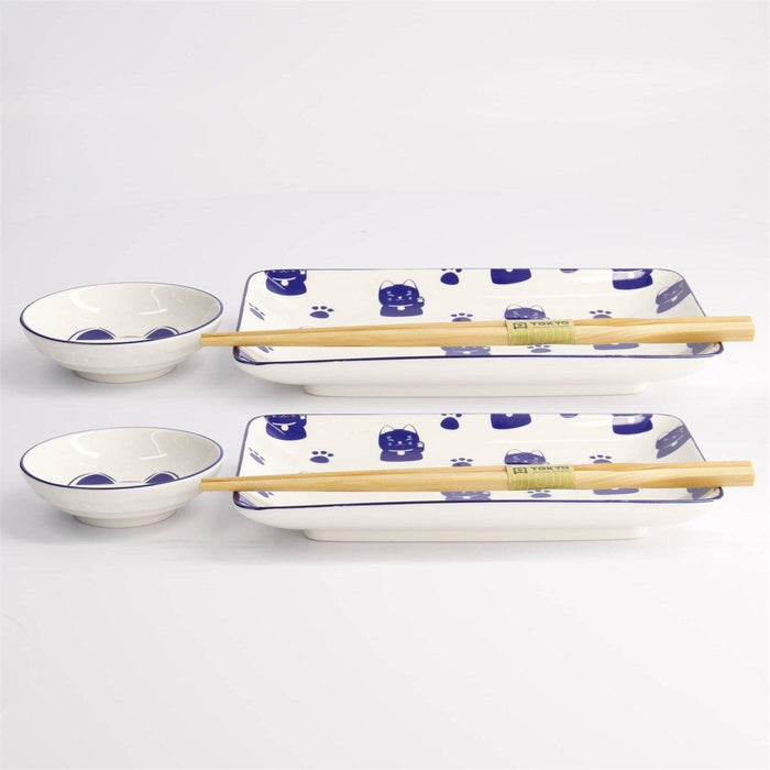 Tokyo Design Studio Kawaii Blue Maneko Sushi Plate Giftset & Chopsticks (4pcs) | {{ collection.title }}