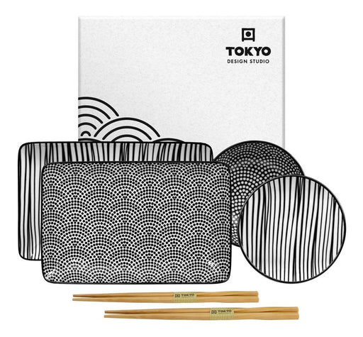 Tokyo Design Studio Nippon Black Sushi Plate Giftset & Chopsticks - Lines/Dots (4pcs) | {{ collection.title }}